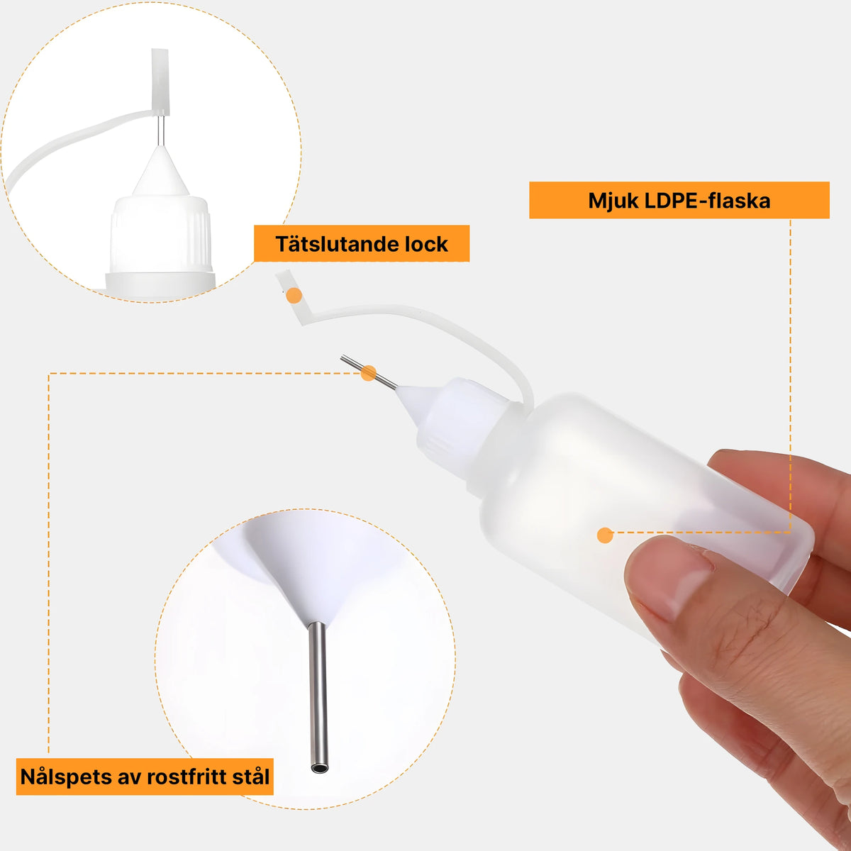 Precisionsflaska 30 ml med flexibel LDPE-flaska, tätslutande lock och nålspets i rostfritt stål