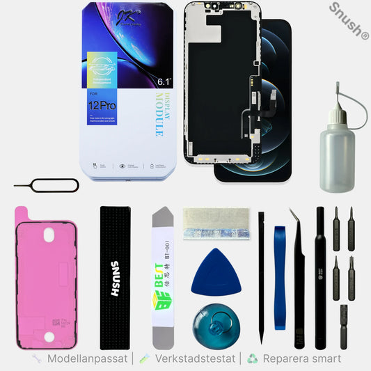 Komplett ProLab™ iPhone 12 / 12 Pro skärmkit med skärm, verktyg, skärmtejp, Snush® arbetsstöd och tillbehör för skärmbyte