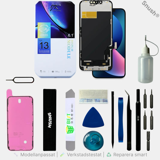 Komplett ProLab™ iPhone 13 skärmkit med skärm, verktyg, skärmtejp, Snush® arbetsstöd och tillbehör för skärmbyte