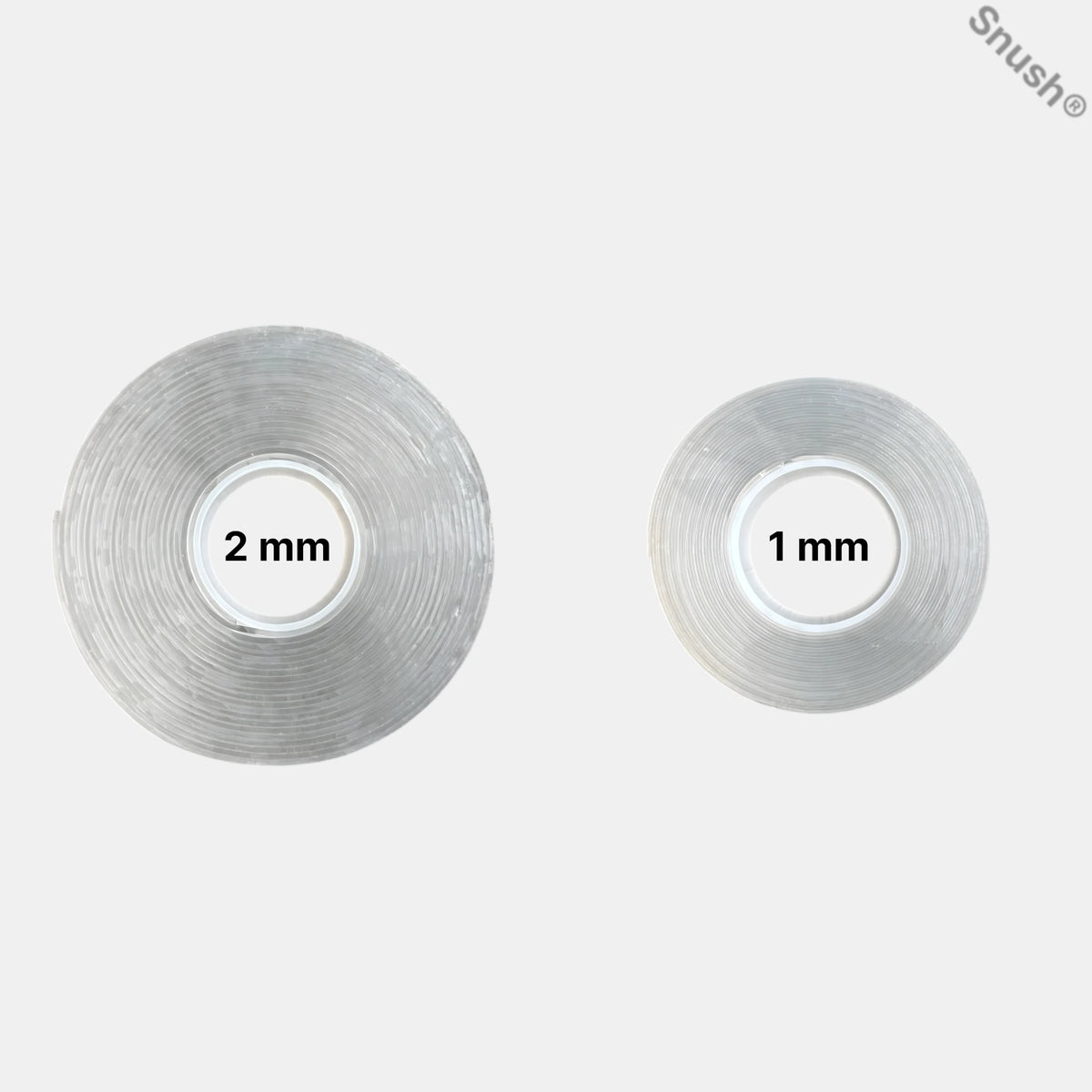 Skillnad mellan 1 mm och 2 mm Snush® geltejp – tydlig tjockleksjämförelse