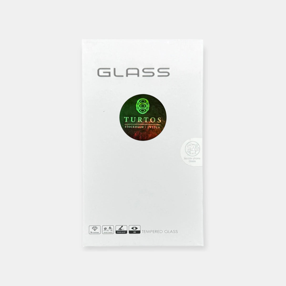 Förpackning till TURTOS skärmskydd i härdat glas för iPhone